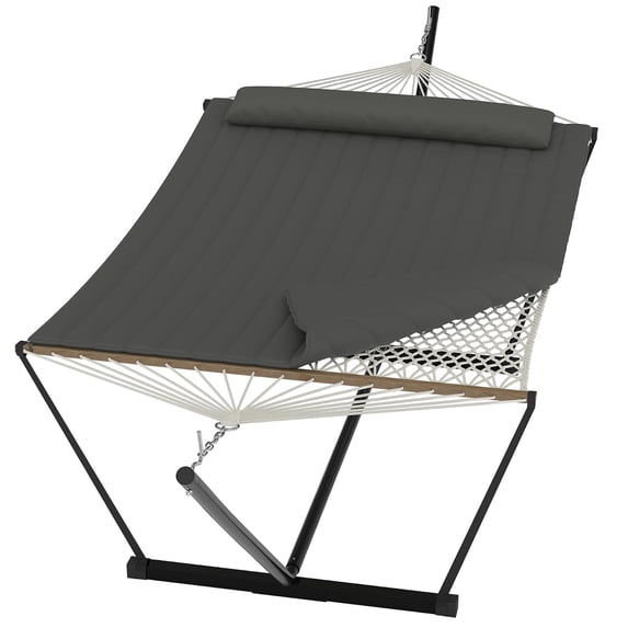 Memoryfield 2 Person Portable Double Hammock with Pillow and Adjustable Steel Stand, Outdoor Hammock for Patio, Garden, Beach, Backyard, Gray