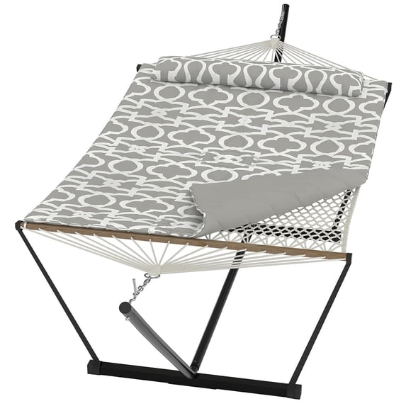 Memoryfield 2 Person Portable Double Hammock with Pillow and Adjustable Steel Stand, Outdoor Hammock for Patio, Garden, Beach, Backyard, Light Gray