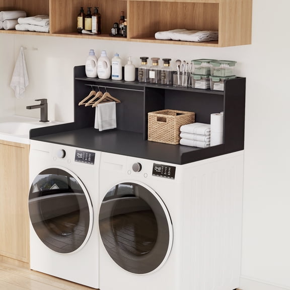 Memoryfield 2 Tier Washer Dryer Countertop with Hanging Rod, 54" x 28" Laundry Topper for Laundry Room Organization, Black
