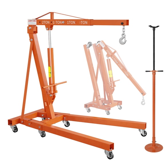 Memoryfield 2 Ton Folding Engine Hoist & 3/4 Ton Underhoist Stand Combo, Hydraulic Shop Crane Cherry Picker with 4-Position Boom, Orange