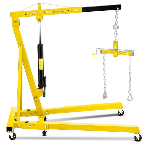 Memoryfield 2 Ton Hydraulic Engine Hoist with Leveler, 4400 lb Foldable Cherry Picker Crane with 6 Casters, Yellow