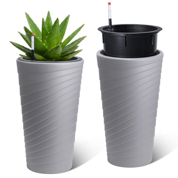 Memoryfield 23 Inch Tall Self Watering Planters 2 Pack, Flower Pots with Water Level Monitor & Multiple Drainage Holes for Indoor Outdoor Patio Garden, Gray