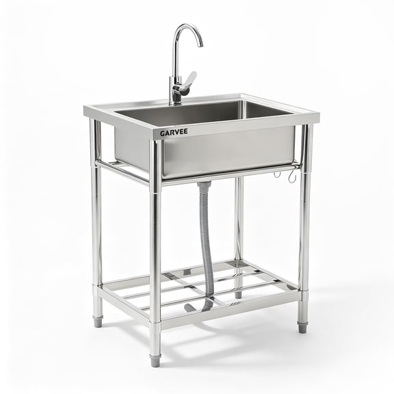 Memoryfield 24" Stainless Steel Utility Sink, Kitchen Single Bowl Freestanding Laundry Sink with Hot & Cold Water Faucet, Storage Shelf and Drain Kit