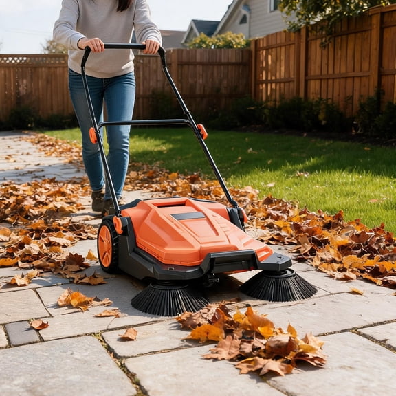 Memoryfield 25.6" Manual Push Floor Sweeper, Walk-Behind Sweeper with 5-Gallon Waste Container, Adjustable Folding Handle Hand Push Sweeper for Yard, Garage & Patio, Orange