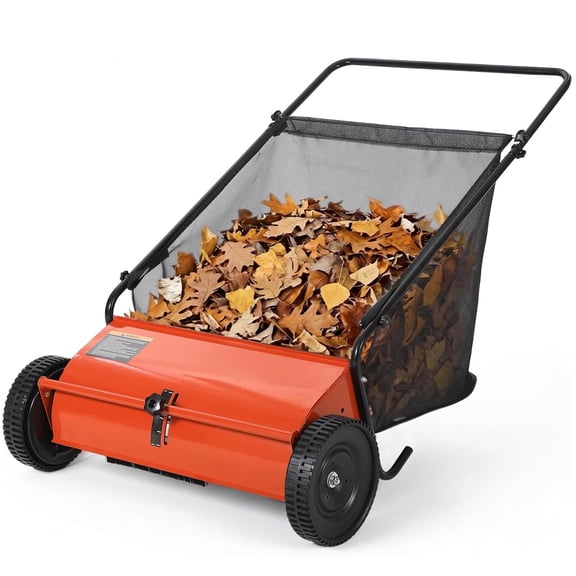 Memoryfield 26" Push Lawn Sweeper, Walk-Behind Yard Leaf & Grass Collector with 4 High-Speed Spinning Brushes, 7 Cu. Ft. Removable Hopper, Orange