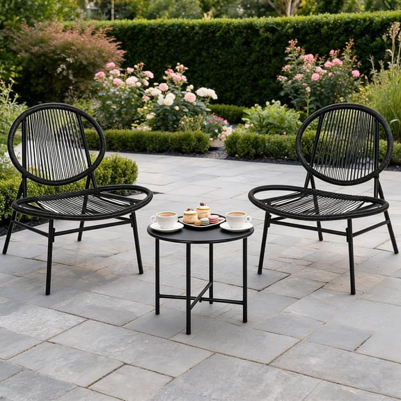 Memoryfield 3-Piece Outdoor Acapulco Chair Bistro Set, 2 Pack Patio Chairs with Round Table for Balcony, Backyard, Black