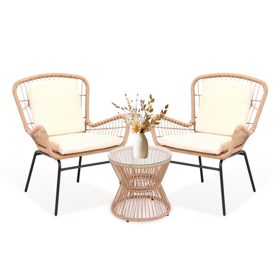 Memoryfield 3-Piece Outdoor PE Rattan Bistro Set with 2 Chairs & Glass Top Table, Wicker Patio Conversation Furniture for Porch, Garden, Balcony, Poolside,Beige