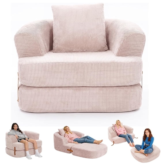 Memoryfield 3-in-1 Folding Sofa Bed, Memory Foam Sleeper Chair with Washable Cover, Convertible Boneless Floor Futon, Fold-Out Couch with Back Support for Living Room, Bedroom, Pink