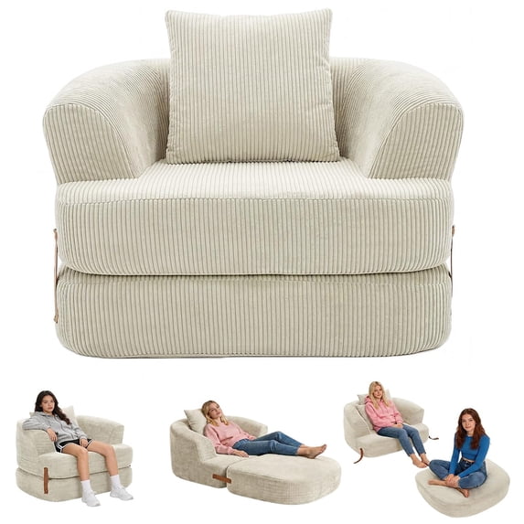 Memoryfield 3-in-1 Folding Sofa Bed, Memory Foam Sleeper Chair with Washable Cover, Convertible Boneless Floor Futon, Fold-Out Couch with Back Support for Living Room, Bedroom, Beige