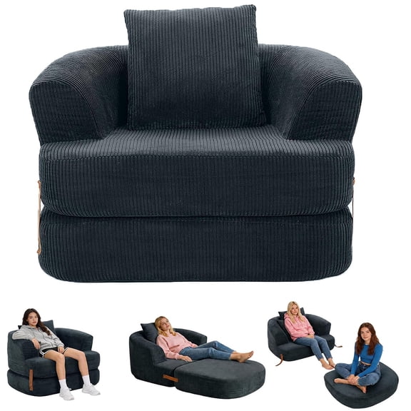 Memoryfield 3-in-1 Folding Sofa Bed, Memory Foam Sleeper Chair with Washable Cover, Convertible Boneless Floor Futon, Fold-Out Couch with Back Support for Living Room, Bedroom, Black