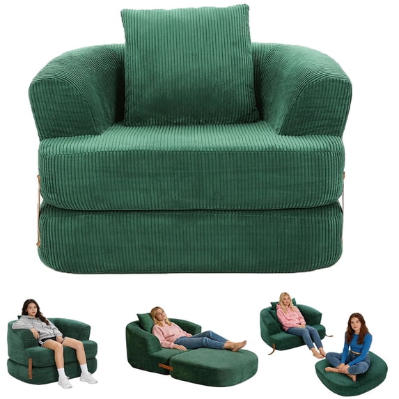Memoryfield 3-in-1 Folding Sofa Bed, Memory Foam Sleeper Chair with Washable Cover, Convertible Boneless Floor Futon, Fold-Out Couch with Back Support for Living Room, Bedroom, Green