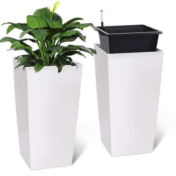 Memoryfield 30" Tall Planters, Set of 2 Large Indoor/Outdoor Planter Pots with Drainage Holes, Water Level Indicator & Removable Inner Bucket, White