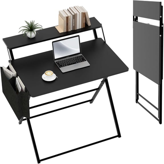 Memoryfield 31.5'' Foldable Computer Desk, Small Laptop Desk with Storage Shelf, Black