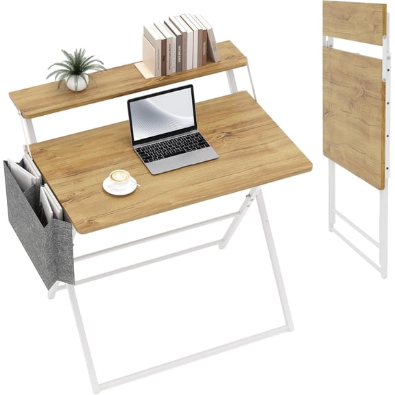 Memoryfield 31.5'' Foldable Computer Desk, Small Laptop Desk with Storage Shelf, Natural