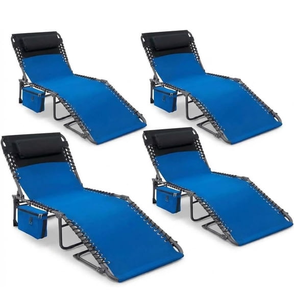 Memoryfield 4-Pack Folding Tanning Chaise Lounge Chairs, Adjustable Backrest, Side Pocket, Removable Pillow, Portable for Beach, Pool, Patio, Camping, Blue