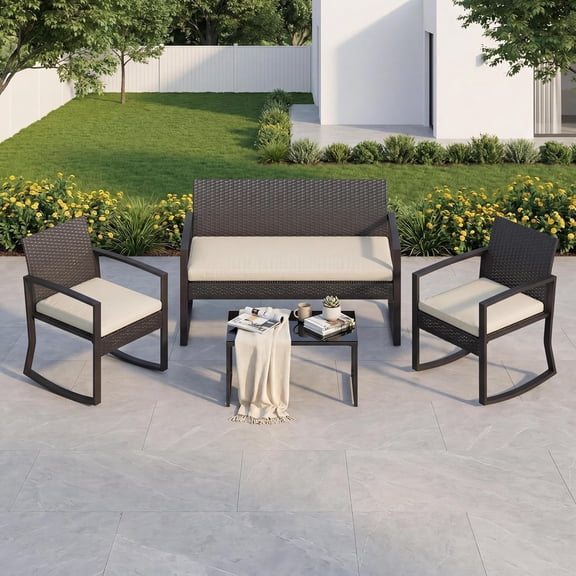 Memoryfield 4-Piece Outdoor Patio Furniture Set, PE Rattan Wicker Rocking Chair Conversation Set with Coffee Table for Patio, Porch & Backyard, Beige