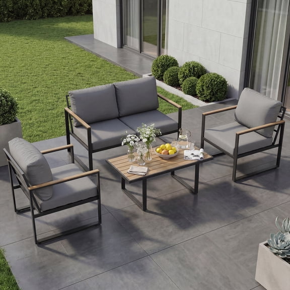Memoryfield 4-Piece Patio Furniture Set, Outdoor Conversation Sofa Set, with Coffee Table & Washable Thick Cushions, Seating Sofa for Garden, Deck, Backyard, Gray