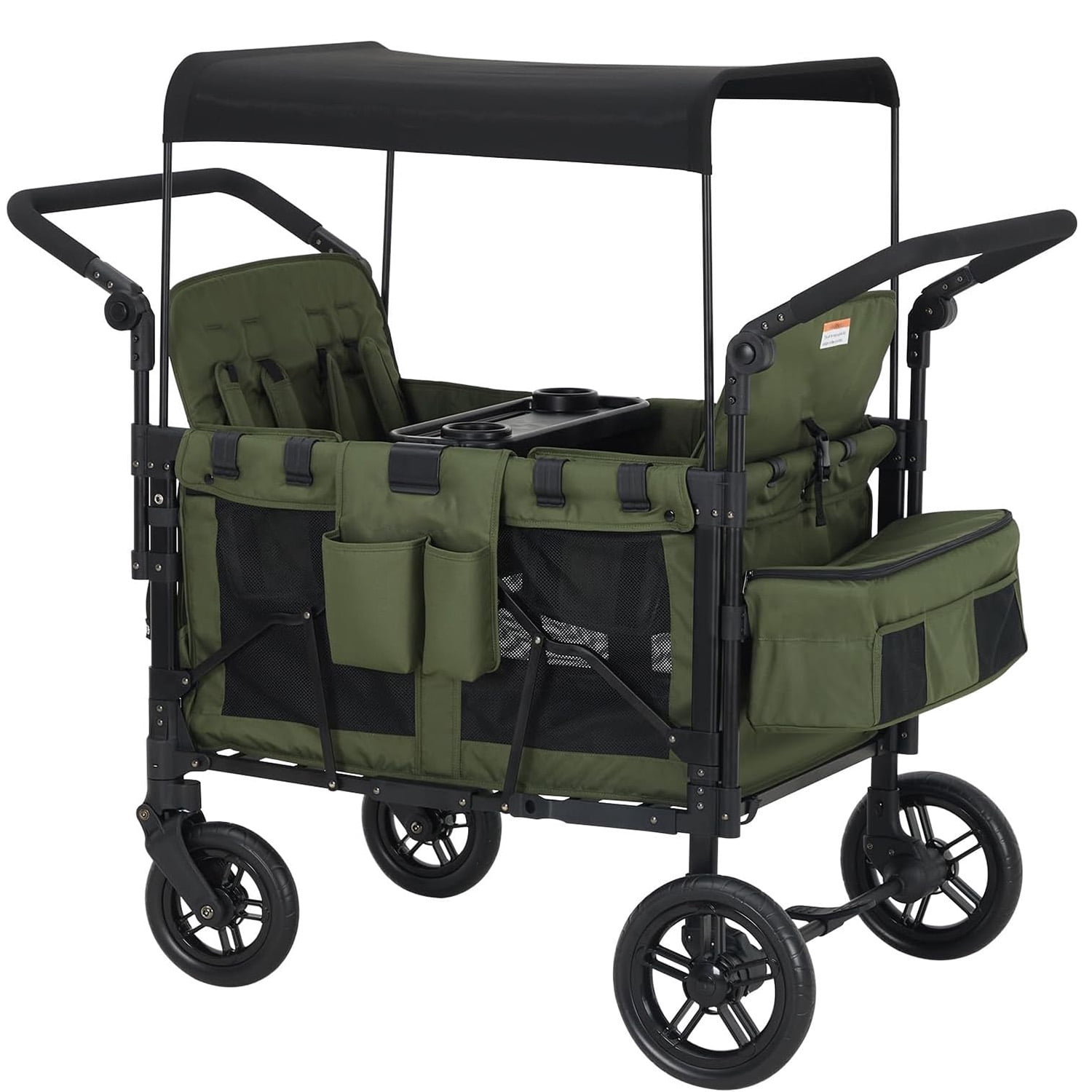 Memoryfield 4-Seater Stroller Wagon for Kids with Safety Harness, Removable Canopy, Snack Tray & Swivel Wheels, Green