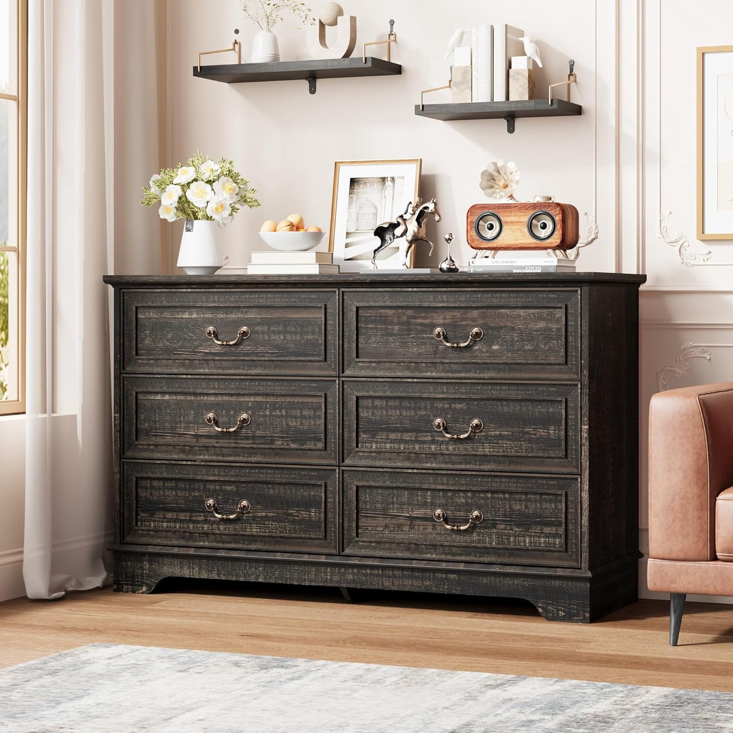 dark wood vintage dresser ETHAN ALLEN Antiqued Pine Old Tavern 72" Triple Door w. Mirror Hutch adorned with intricate pierced designs Farmhouse 6 Drawer Dresser for