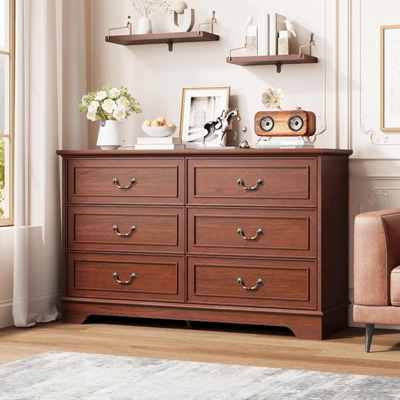 Memoryfield 47" Wide 6 Drawer Vintage Dresser, Double Chest of Drawers, Wooden Storage Organizer for Bedroom, Living Room, Hallway, Entryway, Walnut Oak