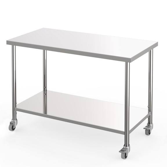 Memoryfield 48"x 24" Stainless Steel Work Table with Wheels, Heavy-Duty 1000 LBS Workstation, 2-Tier Prep Table for Kitchen, Restaurant & Garage, Silver