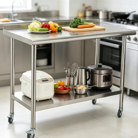 Memoryfield 48"x24" Stainless Steel Work Table, Heavy-Duty Commercial Prep Table with Double-Layer Storage Shelves, 4 Locking Swivel Casters & Side Hooks & Back Panel, Silver