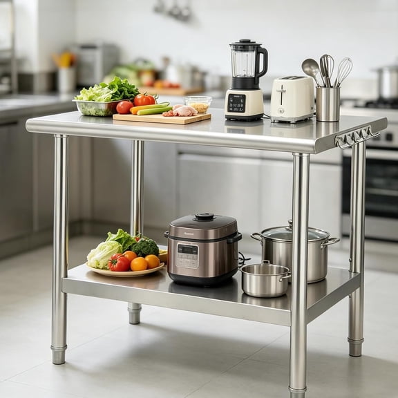 Memoryfield 48"x24" Stainless Steel Work Table, Heavy-Duty Commercial Prep Table with Double-Layer Storage Shelves, Side Hooks, Silver