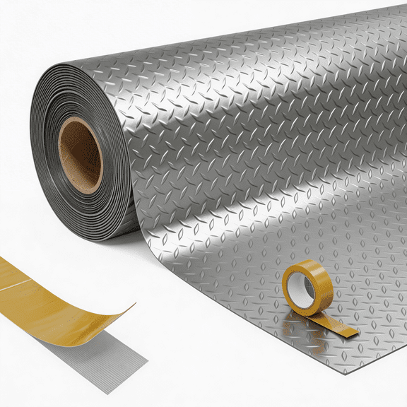 Memoryfield 4x8 FT Garage Floor Mat, 2.0mm Thick Diamond Plate PVC, Waterproof Non-Slip Parking Mat for Car Warehouse Basement Workshop, Gray