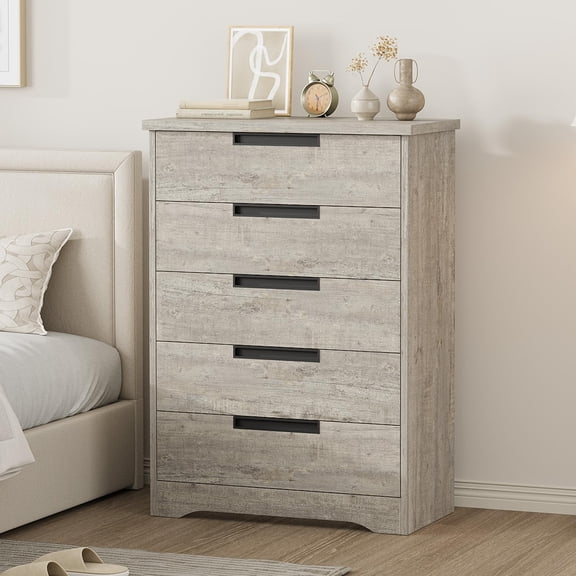 Memoryfield 5 Drawers Wood Dresser with Built-In Handles, Modern Chest for Bedroom, Hallway, Gray