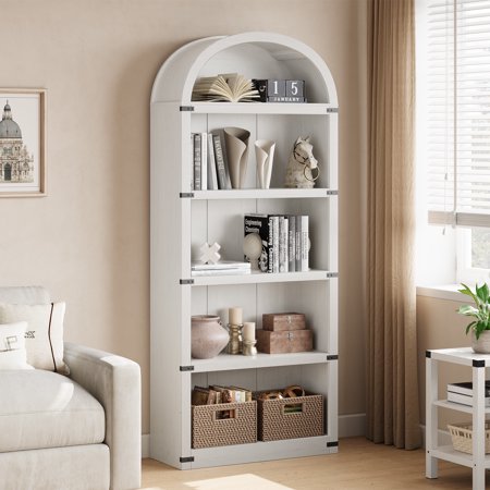 Memoryfield 5 Shelf Arched Bookcase, 71.7" Tall Farmhouse Wooden Bookshelf, Open Display Storage Rack for Living Room, Home Office, White