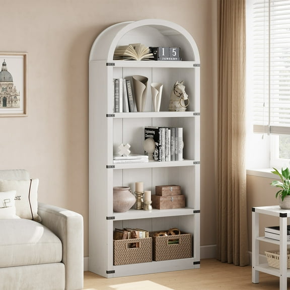 Memoryfield 5 Shelf Arched Bookcase, 71.7" Tall Farmhouse Wooden Bookshelf, Open Display Storage Rack for Living Room, Home Office, White