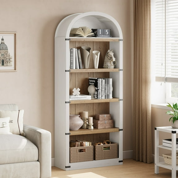 Memoryfield 5 Shelf Arched Bookcase, 71.7" Tall Farmhouse Wooden Bookshelf, Open Display Storage Rack for Living Room, Home Office, White