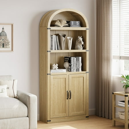 Memoryfield 5 Shelf Arched Bookcase with Doors, 71.7" Tall Farmhouse Wooden Bookshelf, Open Display Storage Rack for Living Room, Home Office, Natural