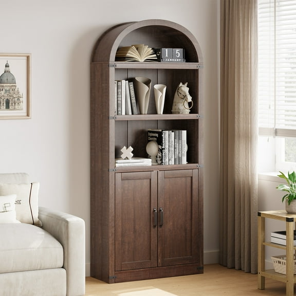 Memoryfield 5 Shelf Arched Bookcase with Doors, 71.7" Tall Farmhouse Wooden Bookshelf, Open Display Storage Rack for Living Room, Home Office, Brown