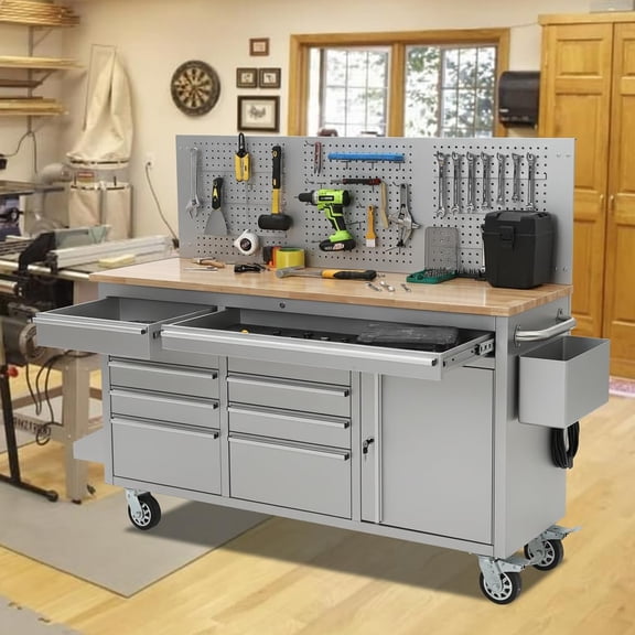 Memoryfield 61" Rolling Tool Chest Cabinet with 10 Drawers, Power Strip, Rubber Wood Top, 1675 lbs Load Capacity, Mobile Garage Workbench, Silver