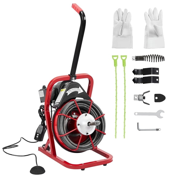 Memoryfield 75 Ft x 1/2 In Electric Drain Cleaner Machine, Sewer Auger for 1–4 Inch Pipes with 4 Cutters, Air-Activated Foot Switch & Gloves Included
