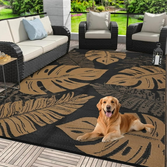 Memoryfield 8' x 10'Outdoor Rug, Waterproof Foldable Plastic Straw Mat, Reversible Patio Rug for Deck, Porch, Backyard, RV, Beach & Picnic, Black/Brown