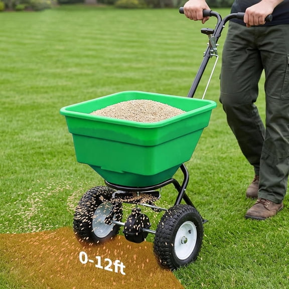 Memoryfield 80LB Broadcast Spreader 12FT Wide, 13" All-Terrain Wheels, Walk Behind Lawn Spreader for Lawn Fertilizer/Seed/Salt, Green