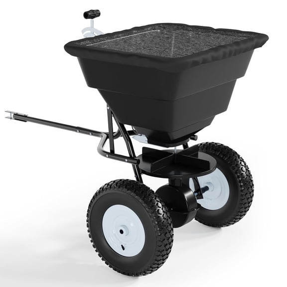 Memoryfield 85 lb Tow-Behind Broadcast Spreader, Lawn & Garden Pull-Behind Fertilizer Spreader with 10" Pneumatic Tires & Adjustable Flow Control, for Seed, Salt & Ice Melt, Black