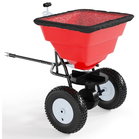 Memoryfield 85 lb Tow-Behind Broadcast Spreader, Lawn & Garden Pull-Behind Fertilizer Spreader with 10" Pneumatic Tires & Adjustable Flow Control, for Seed, Salt & Ice Melt, Red
