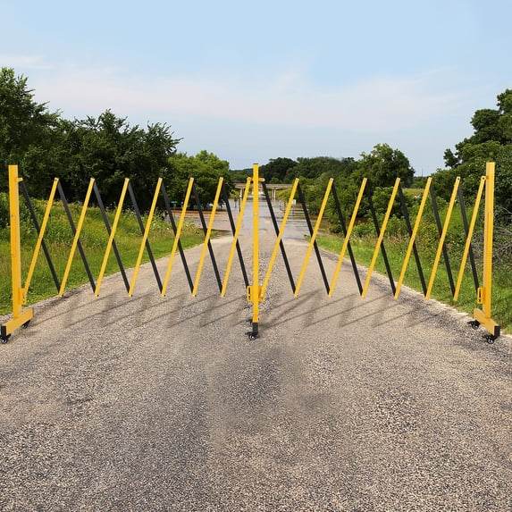 Memoryfield 9 ft Expandable Metal Barricade Gate, Folding Portable Safety Barrier with 6 Wheels, Security Fence for Doorways, Driveways & Crowd Control, Yellow