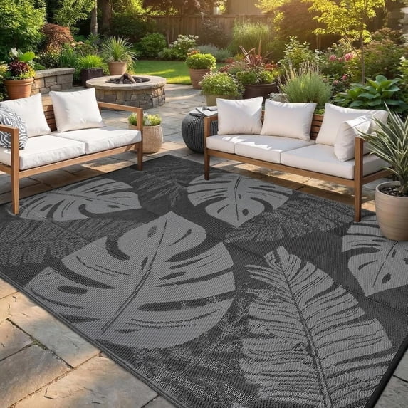 Memoryfield 9' x 12'Outdoor Rug, Waterproof Foldable Plastic Straw Mat, Reversible Patio Rug for Deck, Porch, Backyard, RV, Beach & Picnic, Black/Gray