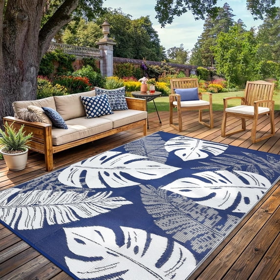 Memoryfield 9' x 18'Outdoor Rug, Waterproof Foldable Plastic Straw Mat, Reversible Patio Rug for Deck, Porch, Backyard, RV, Beach & Picnic, Navy/White