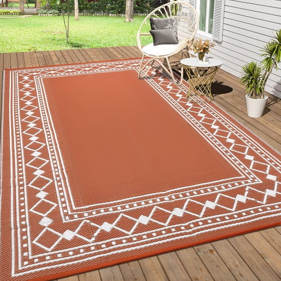 Memoryfield 9' x 18' Outdoor Rug Waterproof, Reversible Plastic Straw Patio Mat, Portable Rug for Deck, RV, Camping & Balcony, Terracotta & White