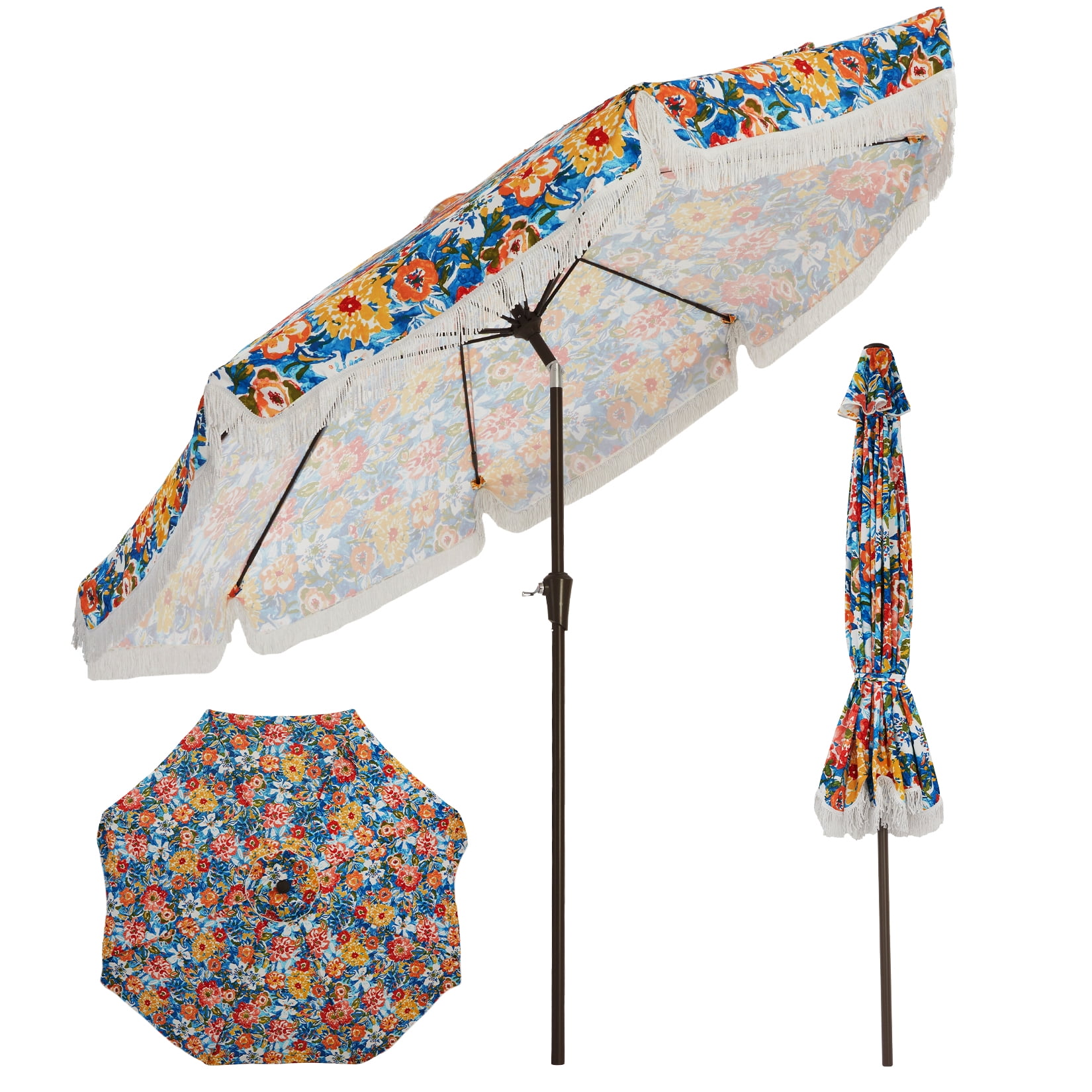 Memoryfield 9FT Fringe Patio Umbrella, UV50+ Sun Protection Outdoor Tassels Beach Umbrella for Garden Pool Backyard, Flower