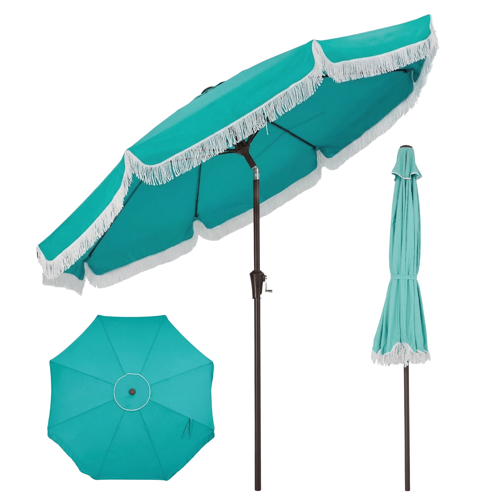 Memoryfield 9FT Fringe Patio Umbrella with Crank & Push Button Tilt, 8 Ribs, Outdoor Tassel Sun Shade for Patio Beach Pool Backyard, Blue