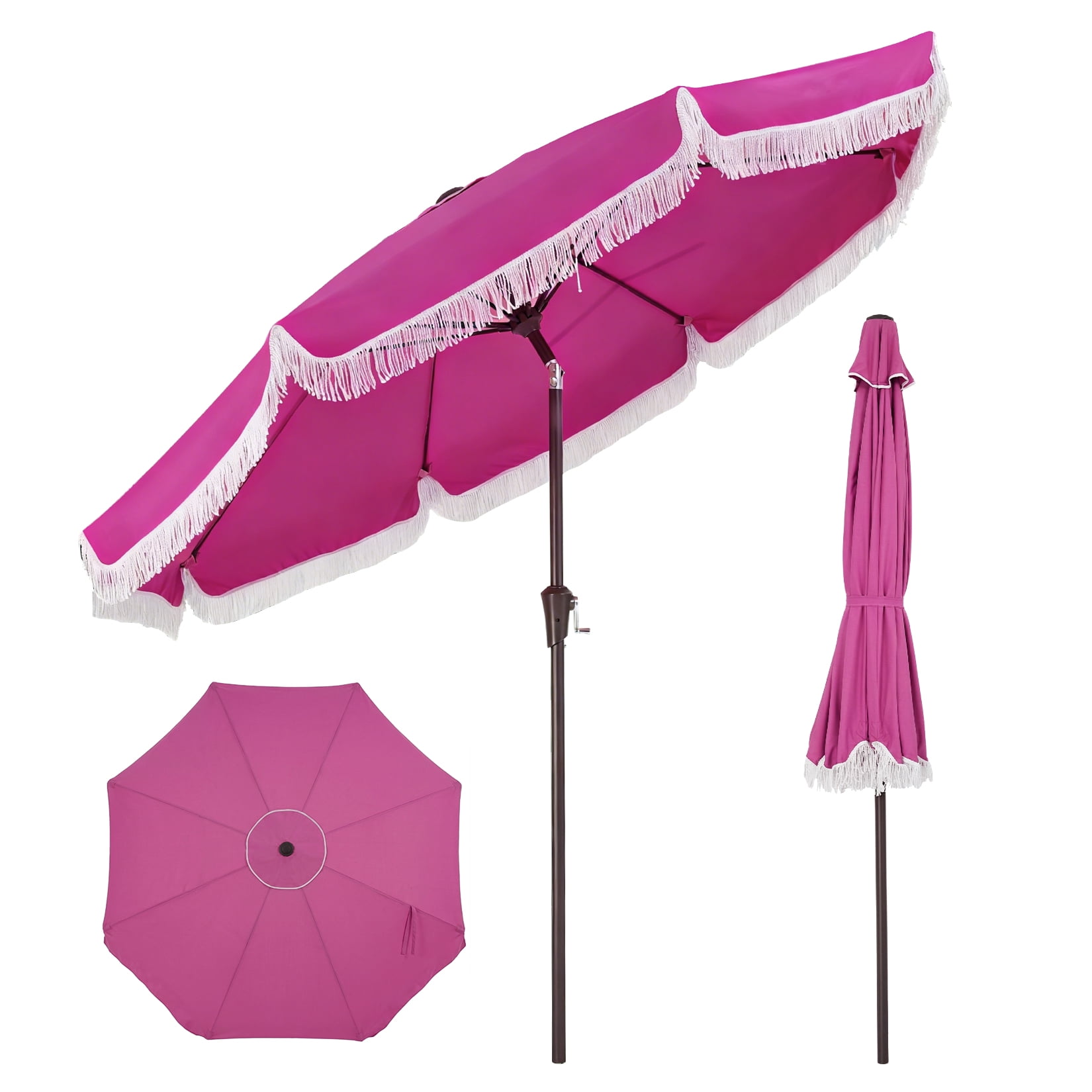 Memoryfield 9FT Fringe Patio Umbrella with Crank & Push Button Tilt, 8 Ribs, Outdoor Tassel Sun Shade for Patio Beach Pool Backyard, Rose