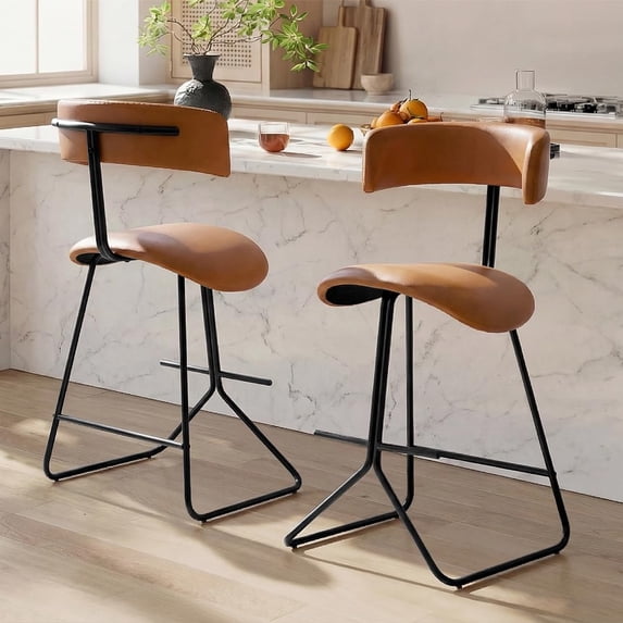 Memoryfield Bar Stools Set of 2, Modern Counter Height Stools with Back, Faux Leather Bar Chairs with Ergonomic Backrest & Metal Legs for Kitchen Island, Home Bar, Brown