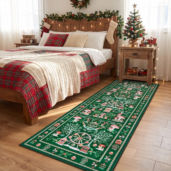 Memoryfield Christmas Park Theme Runner Rug 2' x 6', Washable Non-Slip Low Pile Carpet for Entryway, Bedroom, Green