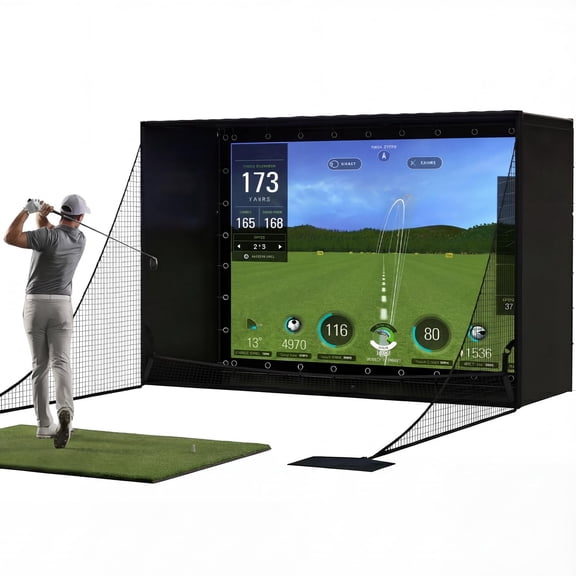 Memoryfield Complete Golf Simulator Enclosure Kit, 11x8 ft Impact Screen with Blackout Cage, Frame Poles, Side Nets & Sandbags for Indoor & Garage Golf Training